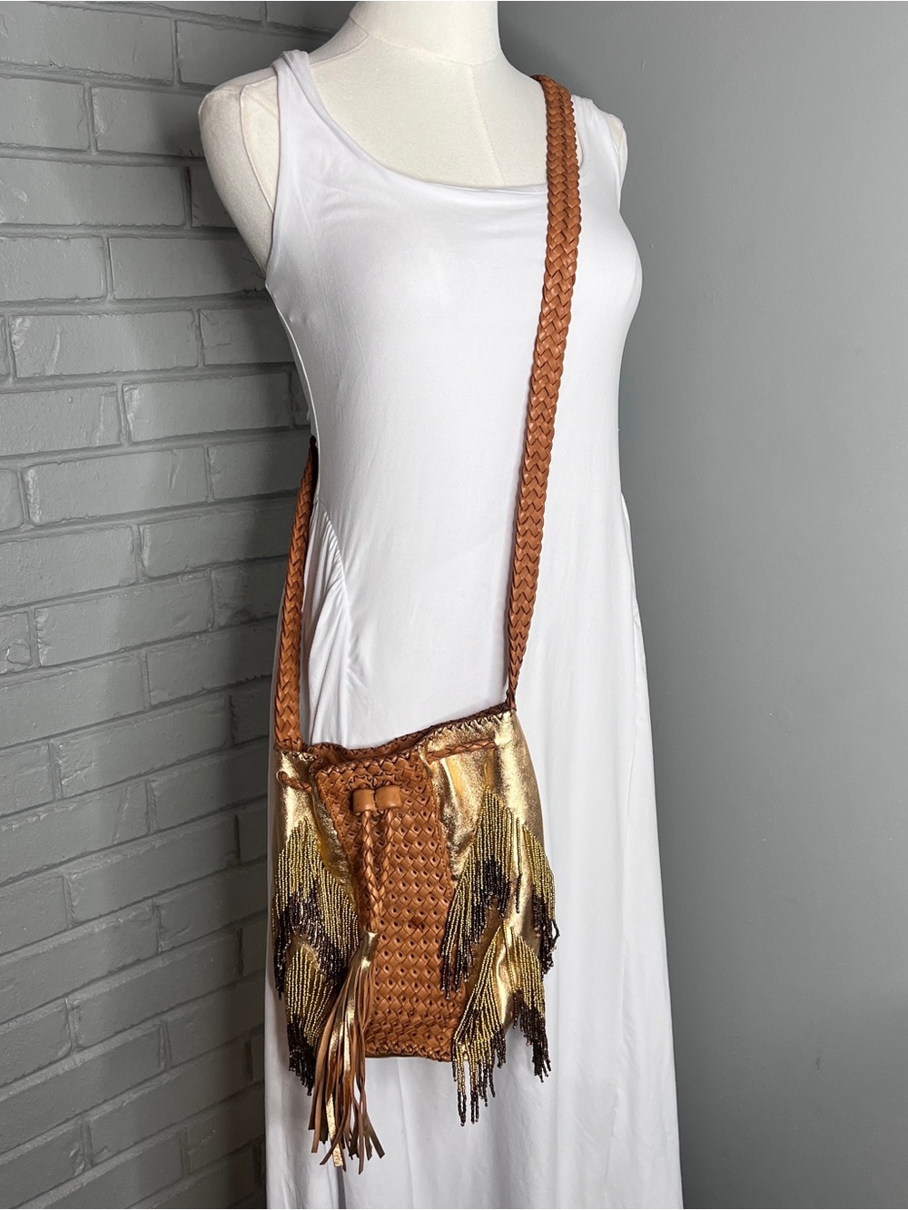 En Shalla Leather Woven Fringe Crossbody Bag in Cognac and Gold